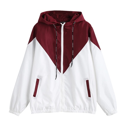 color block drawstring hooded zip up jacket